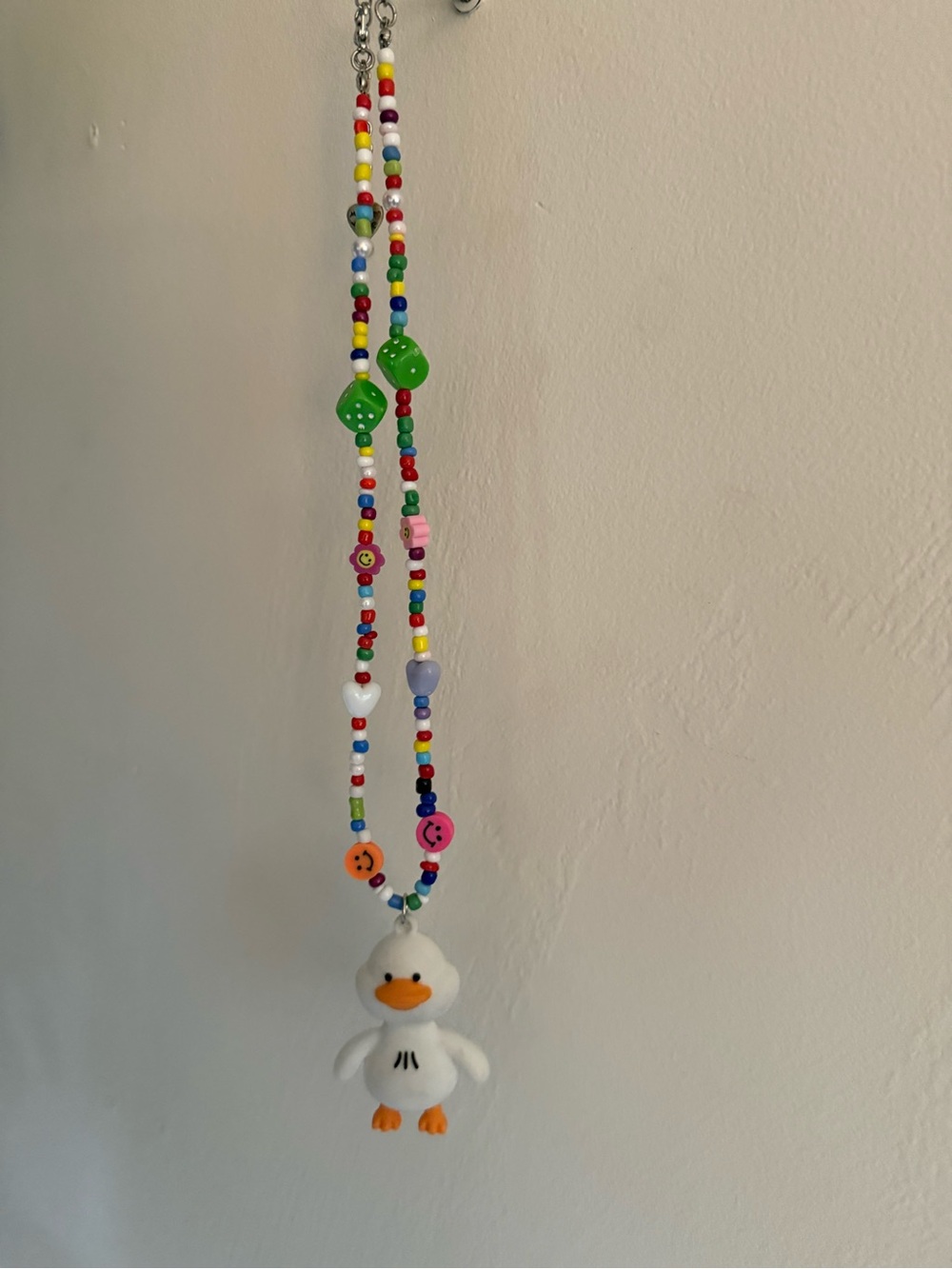 Kids Beaded Duck Necklace - White Plush Duck with Multicolor Beads